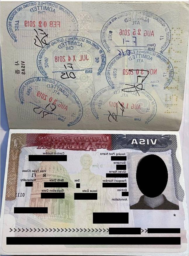 Sample image of visa stamp with opposing page